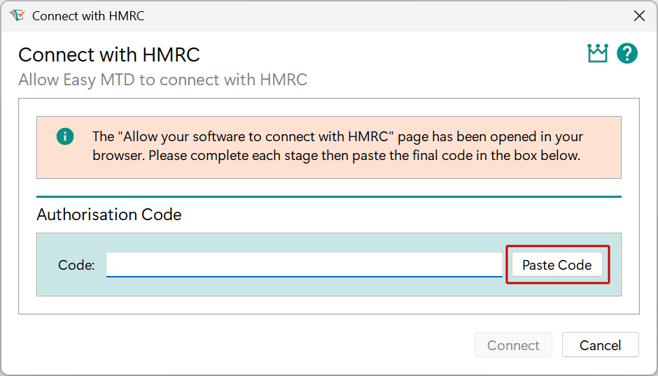 Connect with HMRC - Paste Code button image