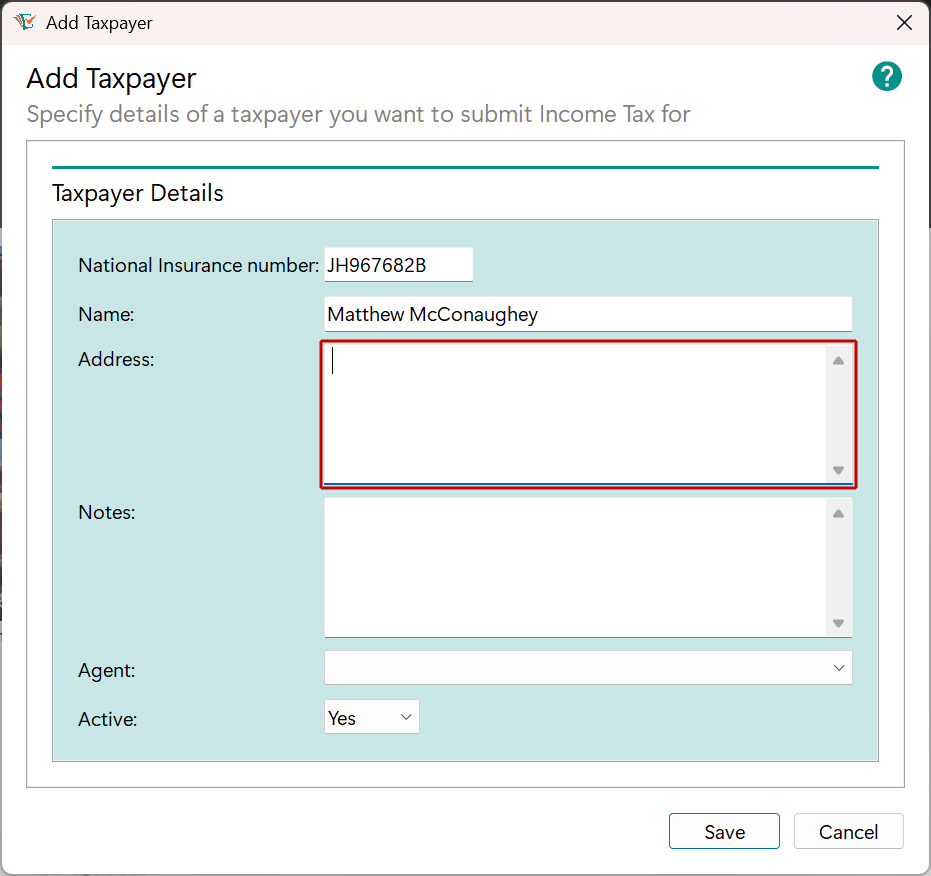 Add Taxpayer window - Address edit image