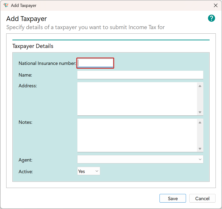 Add Taxpayer window - National Insurance number image