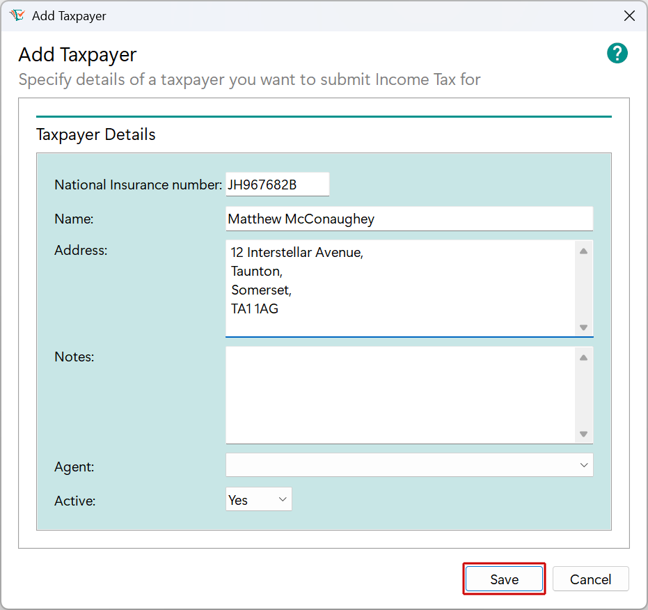 Add Taxpayer window - Save button image