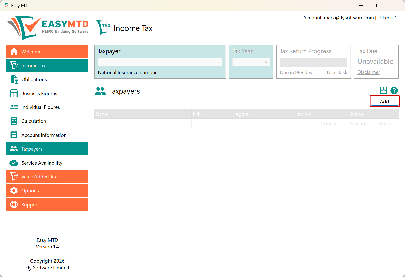Easy MTD Taxpayers page Add button image