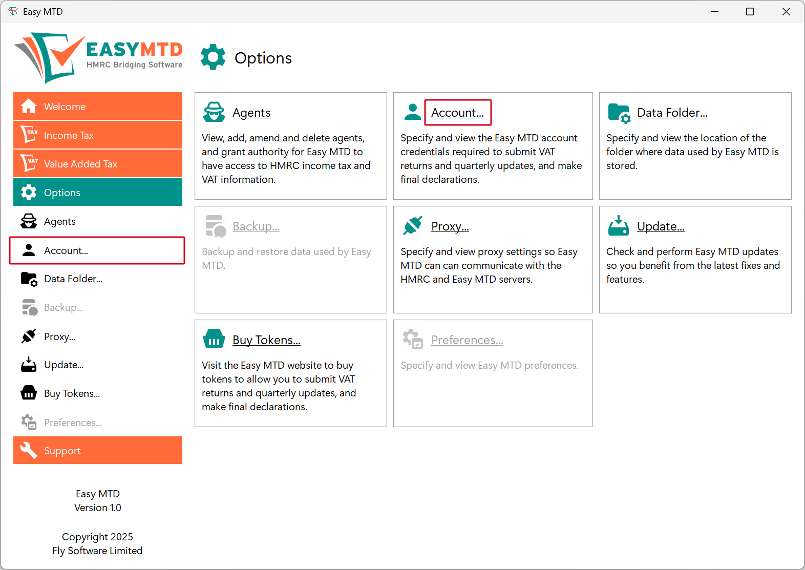 Options page - Account menu and panel link image