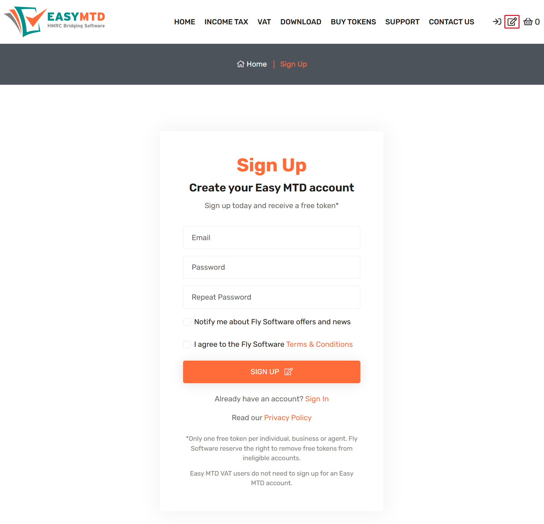 Easy MTD Sign Up page image
