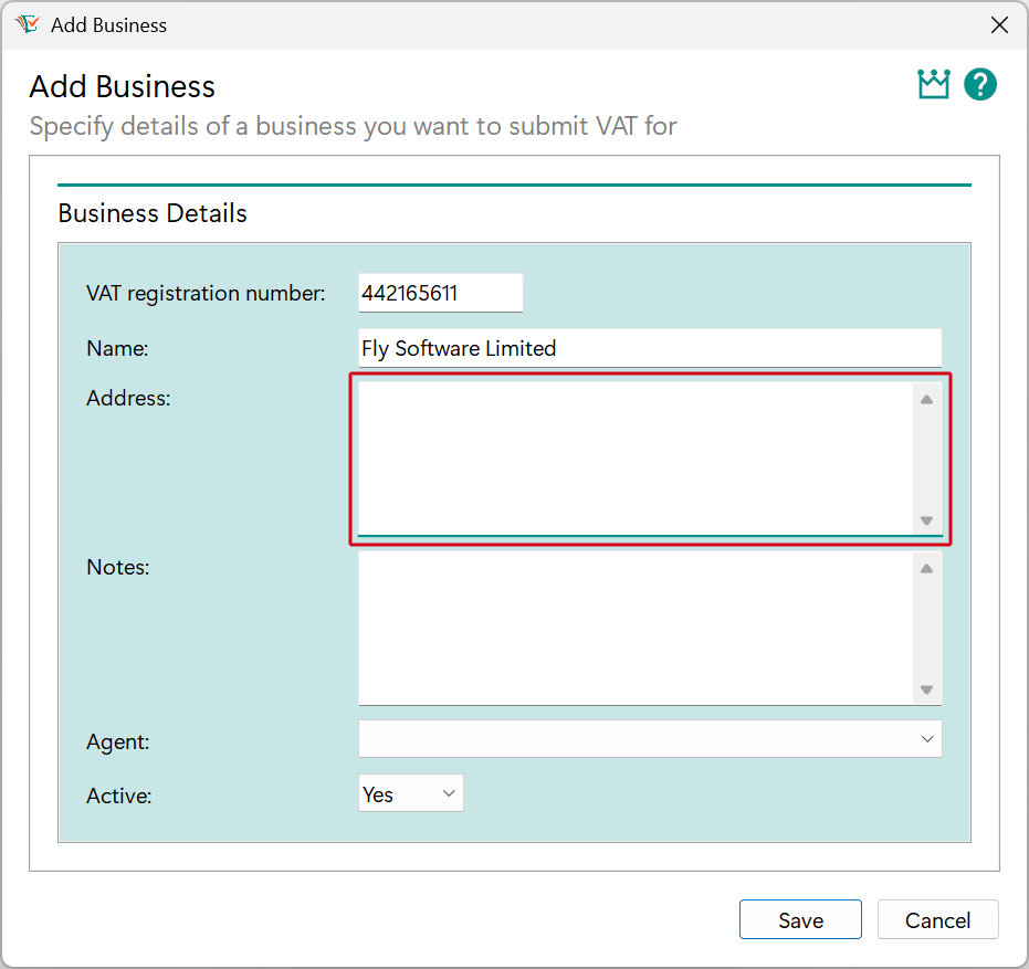 Add Business window - Address edit image