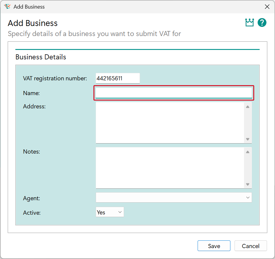 Add Business window - Name edit image
