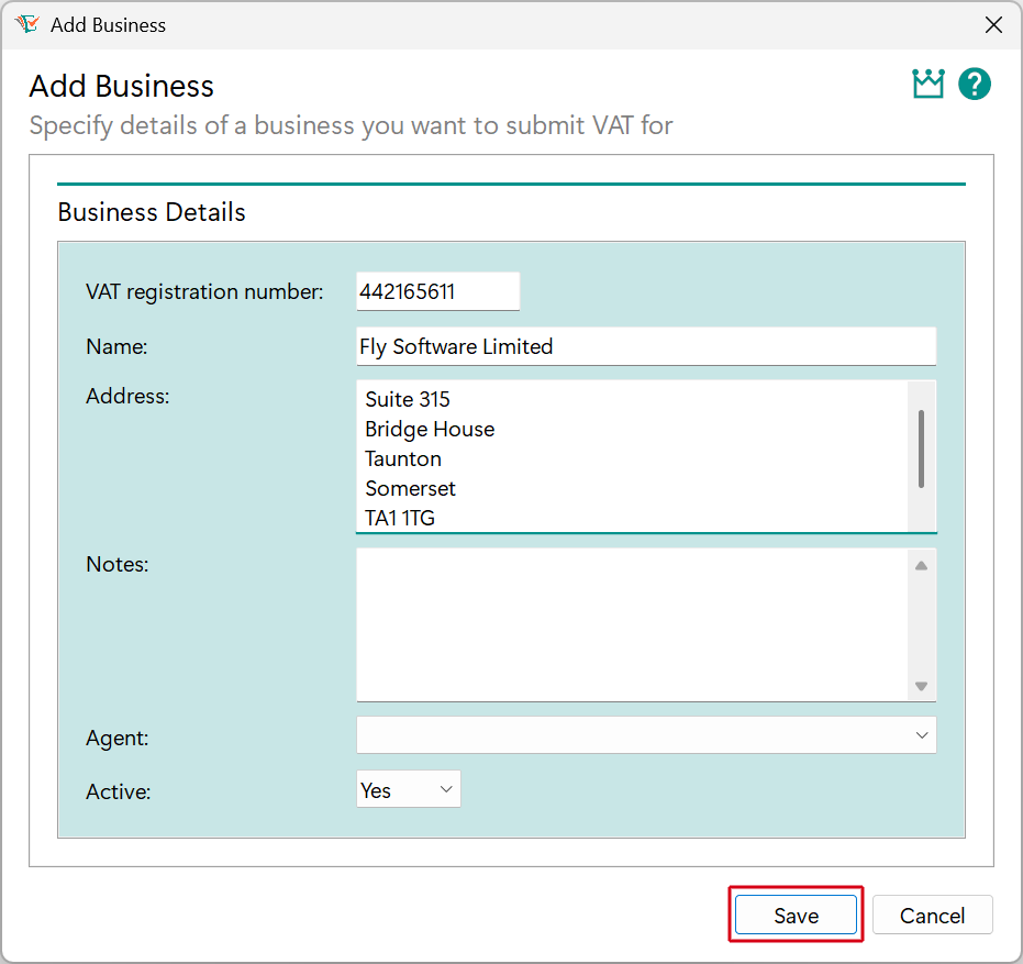 Add Business window - Save button image