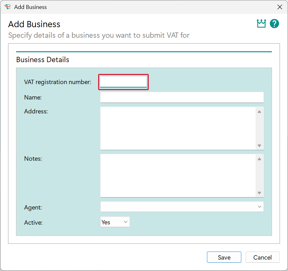 Add Business window - VAT registration number image