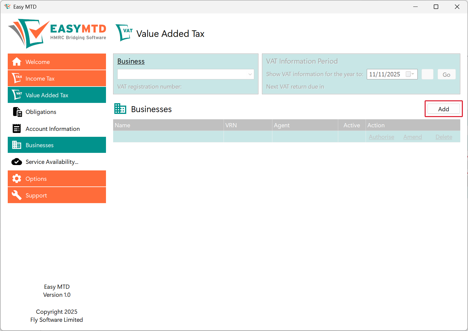 Easy MTD Businesses page Add button image