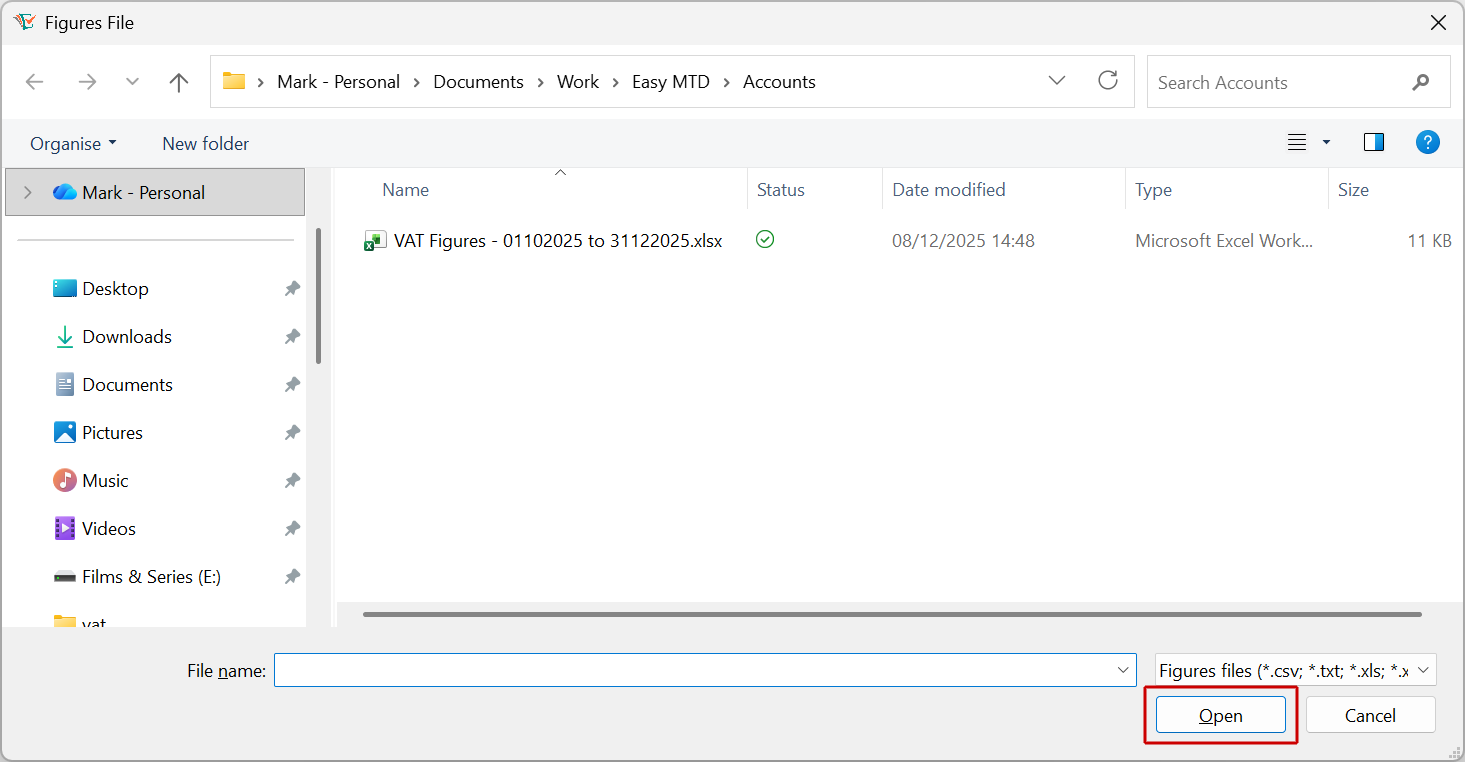 Figures File window - Open button image