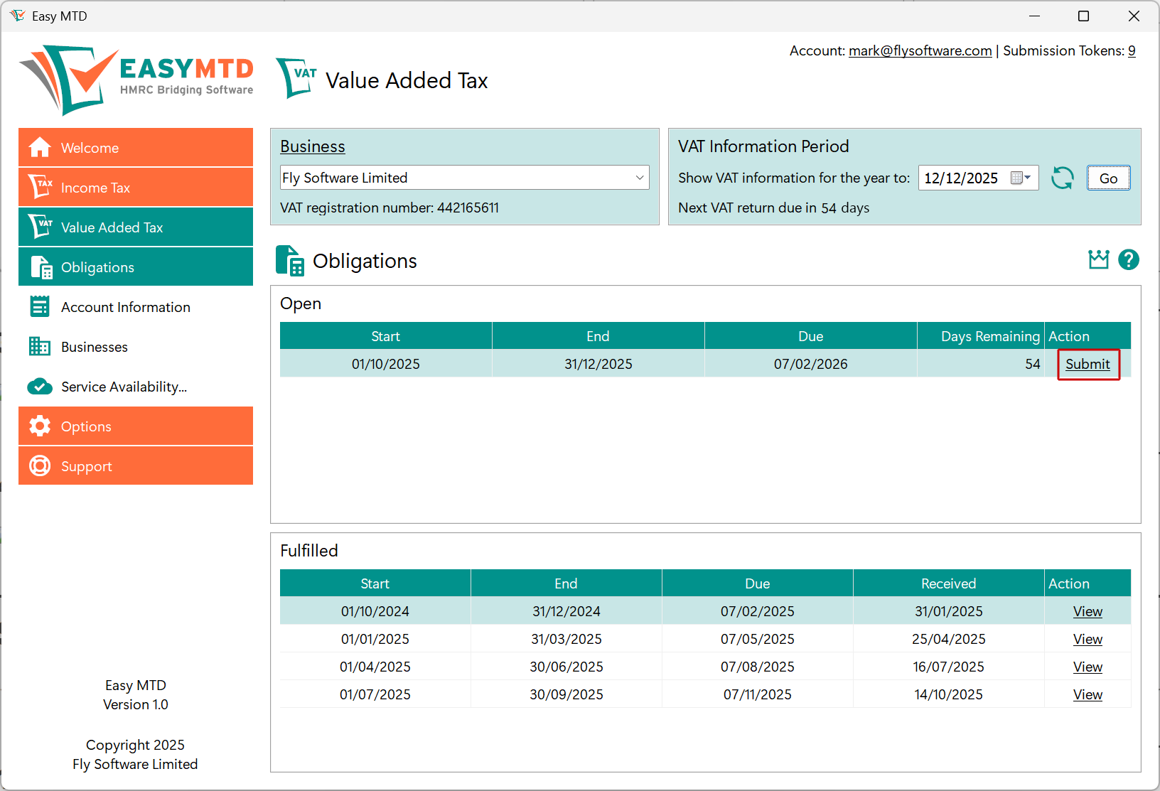 Obligations page - Submit link image