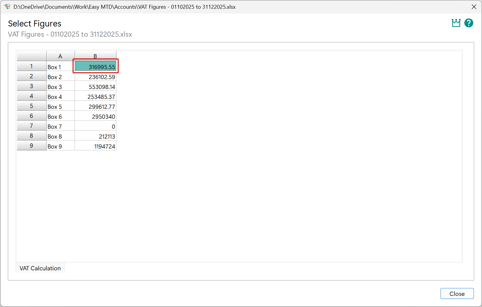 Select Figures window - box 1 value image