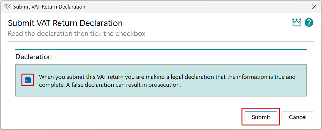 Declaration window - checkbox and Submit button image