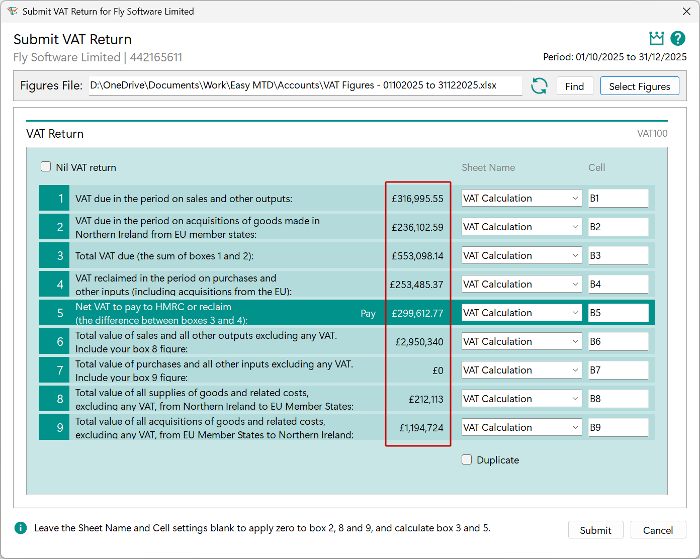 Submit VAT Return window - check figures image