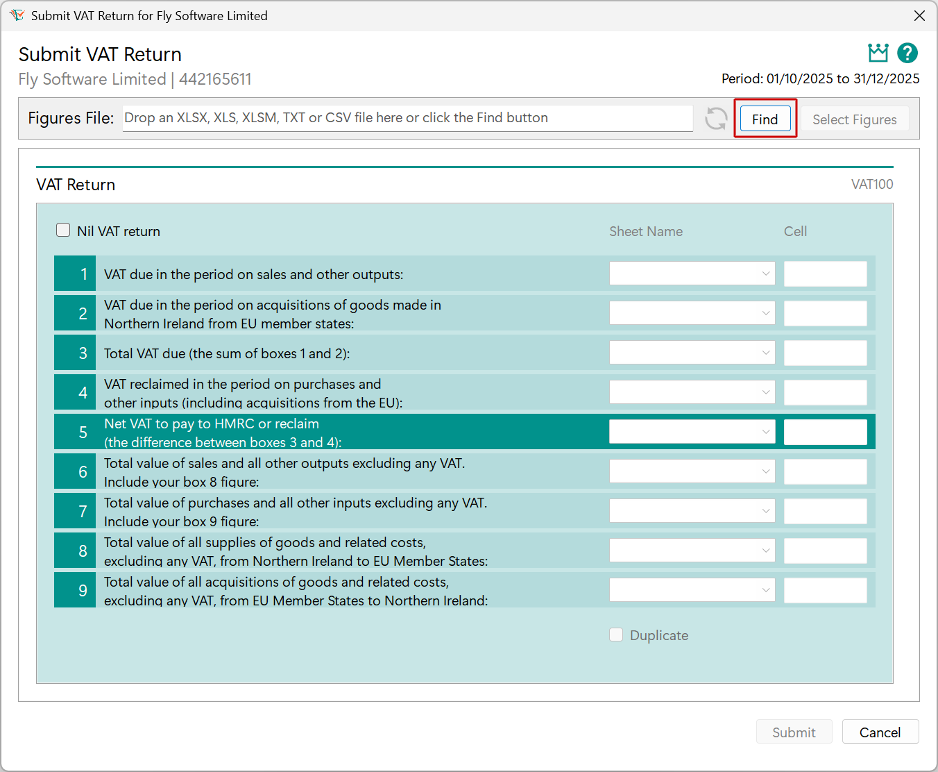 Submit VAT return window - Find button image