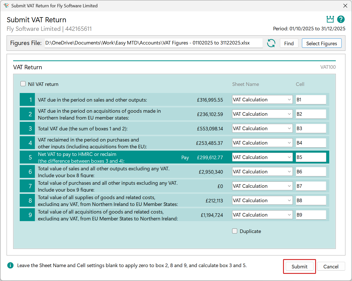 Submit VAT Return window - Submit button image