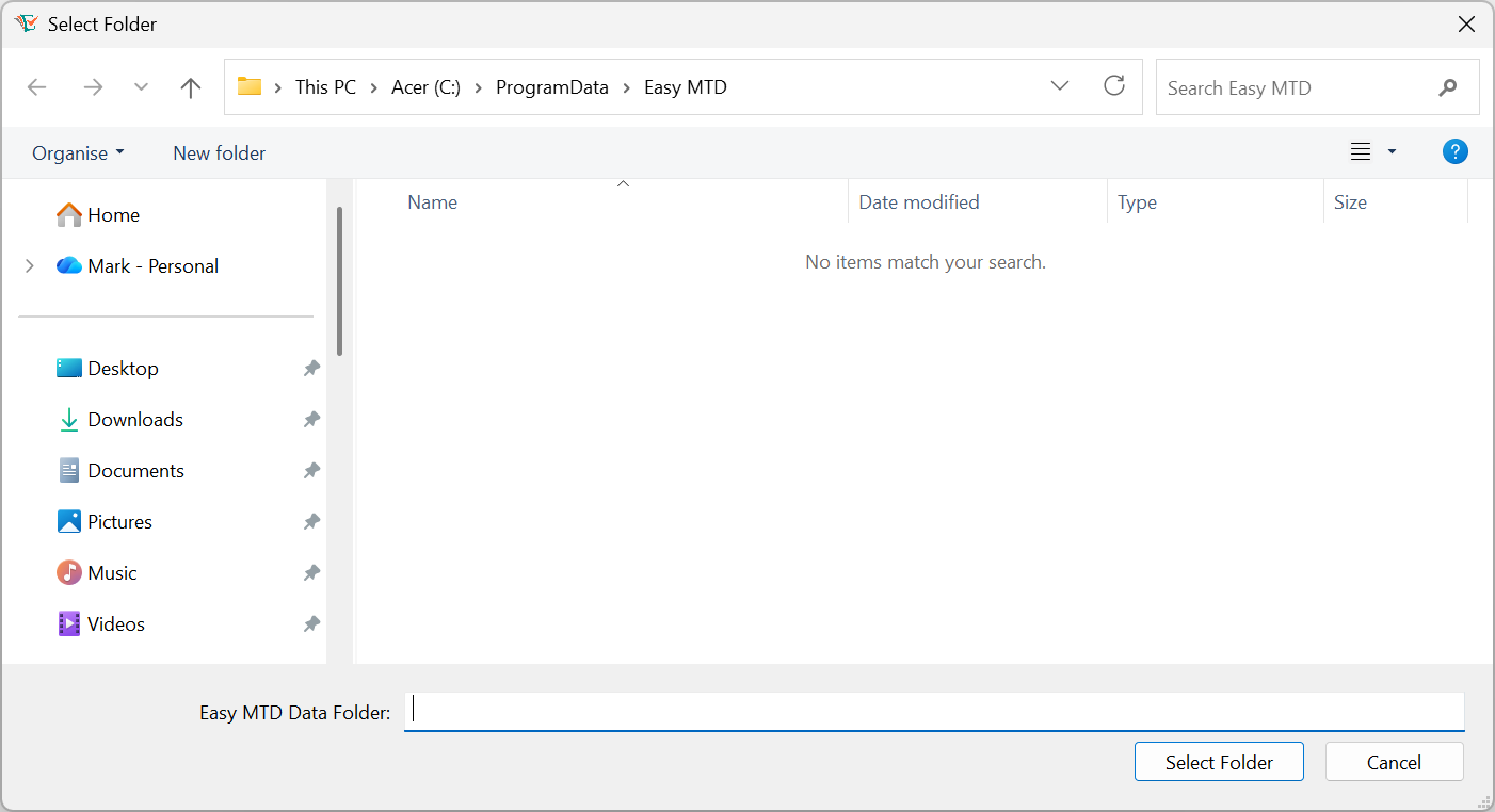 Select Folder window image