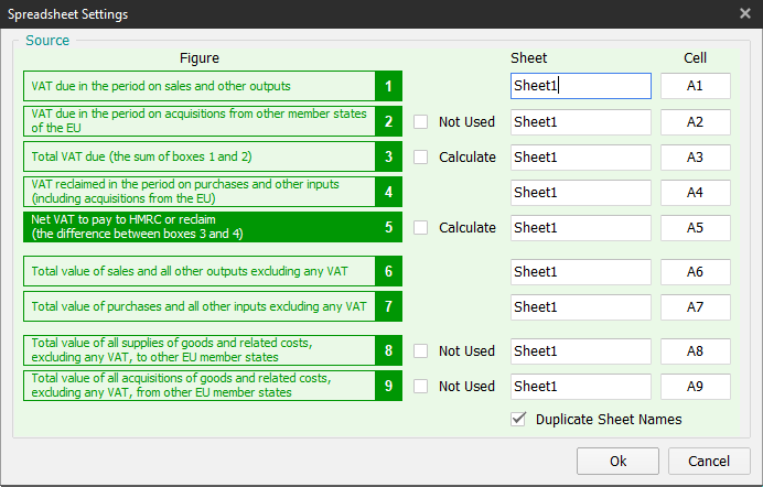 Spreadsheet Settings window image